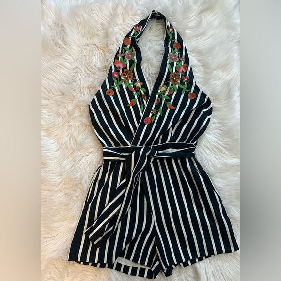 Judith March floral embroidered striped halter romper Size M - Picture 1 of 5